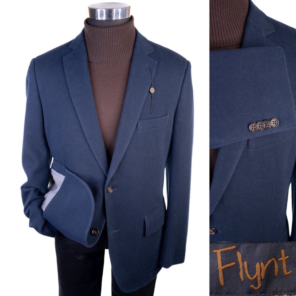 Flynt Blazer Sport Coat Size 42R Solid Blue Cotton Two Button Jacket Dual-Vented